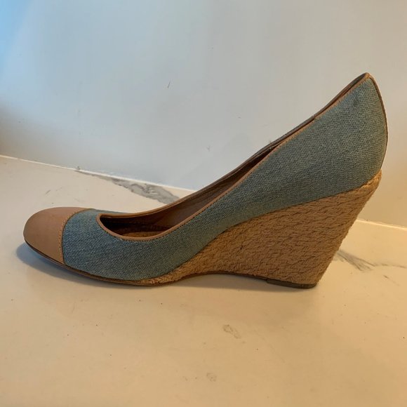 Denim raffia wedges with leather trim - Picture 6 of 9